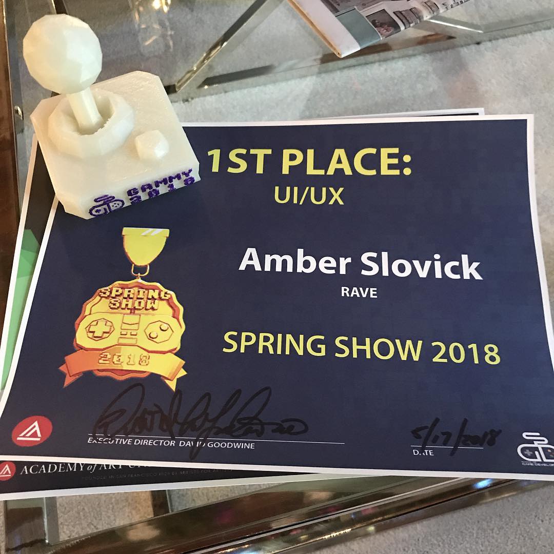 An award that says: First Place: UI/UX - Amber Slovick