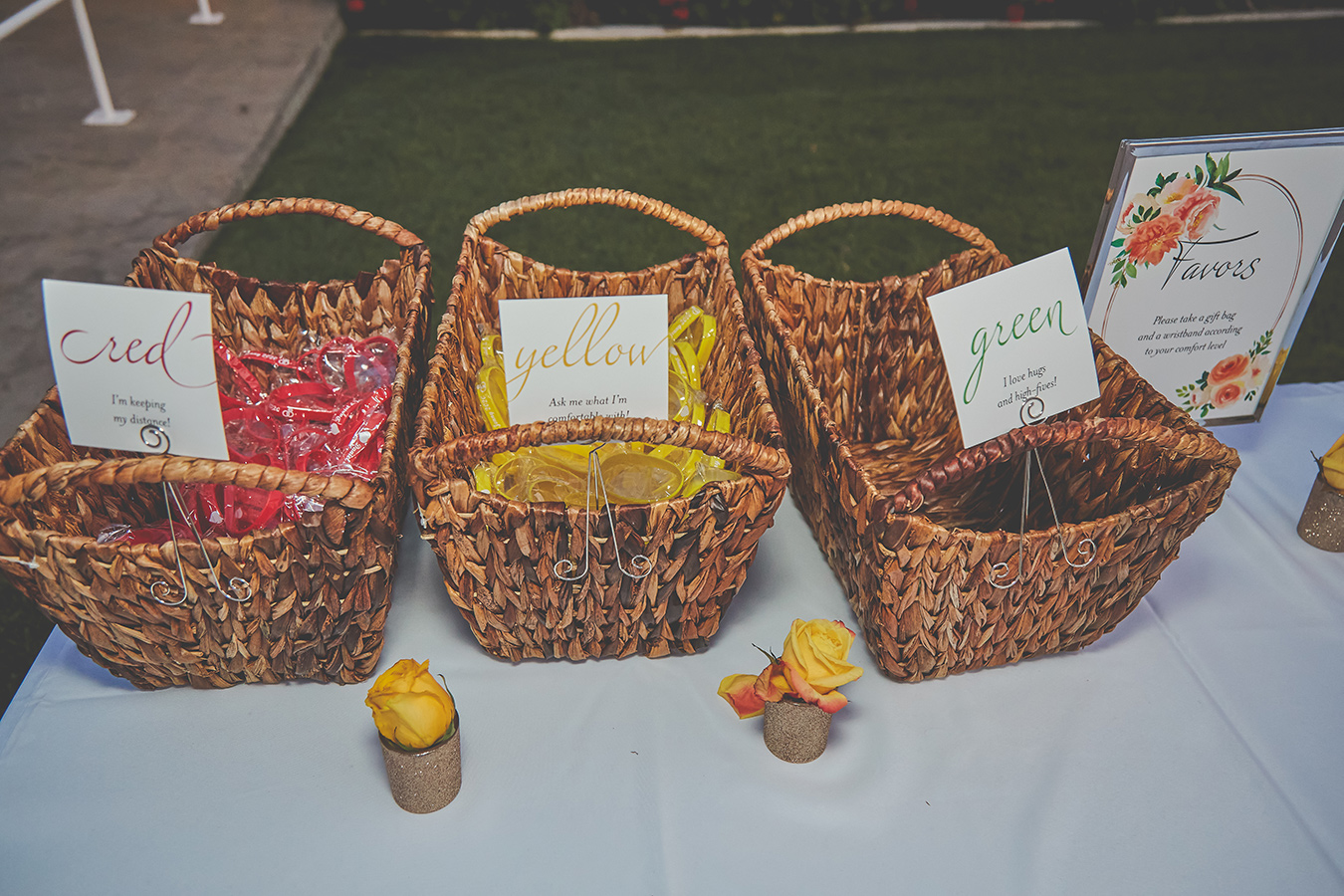 baskets on a table with signs indicating their colors