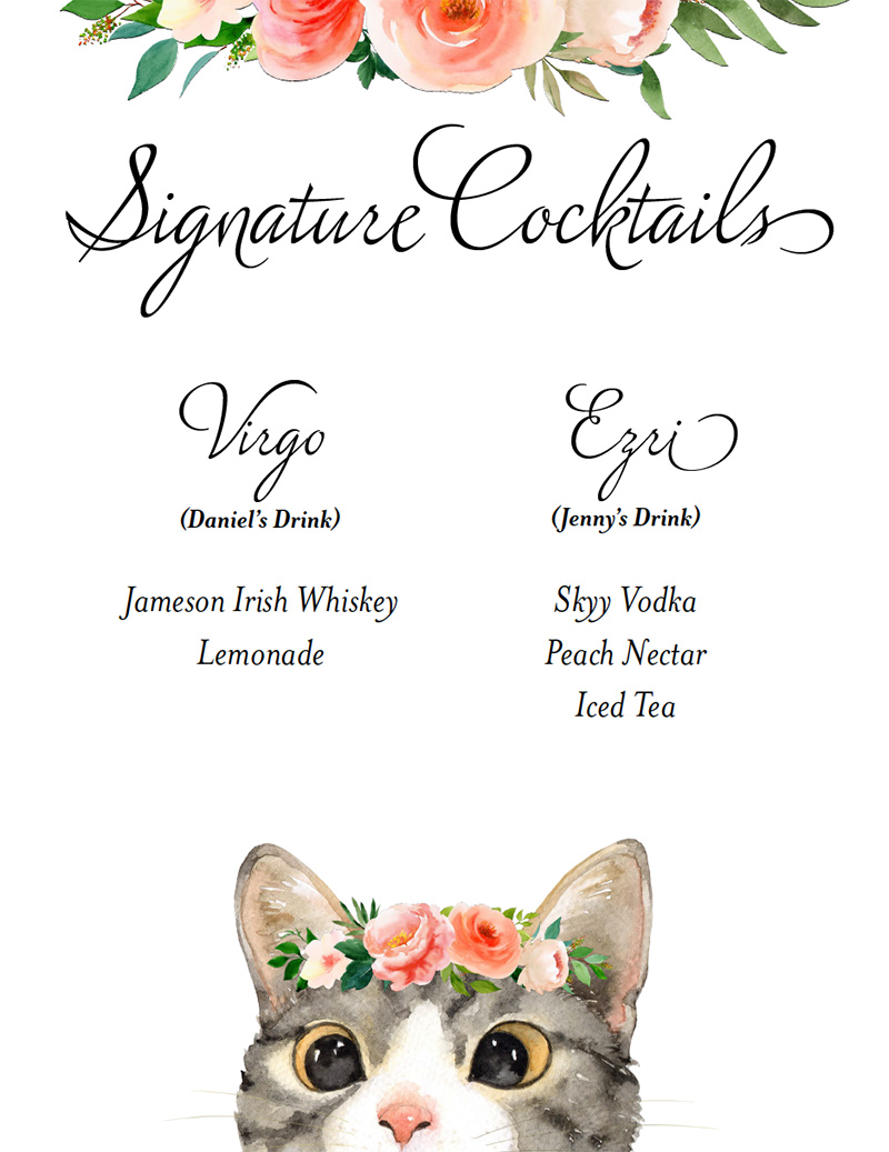 sign that says Signature Cocktails, with two cocktail recipes and a watercolor cat at the bottom